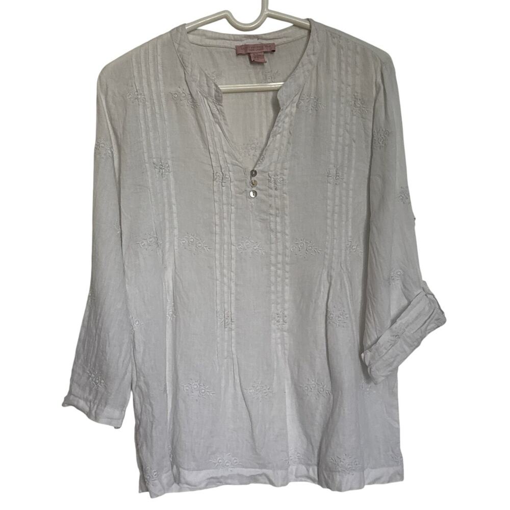Crisp Linen white floral Saint Tropez West top blouse Boho medium